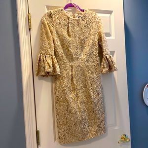 Metallic gold embroidered Betsy Adam dress with large ruffled sleeves, sz 4